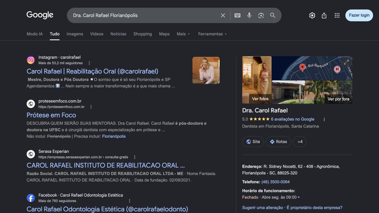 Captura inicial do Google Business de Dra. Carol Rafael