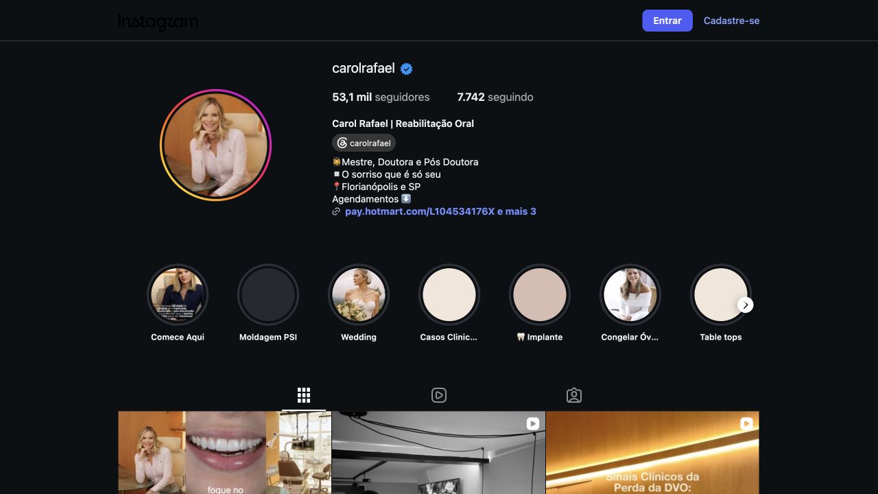 Captura atual do perfil da Carol Rafael no Instagram