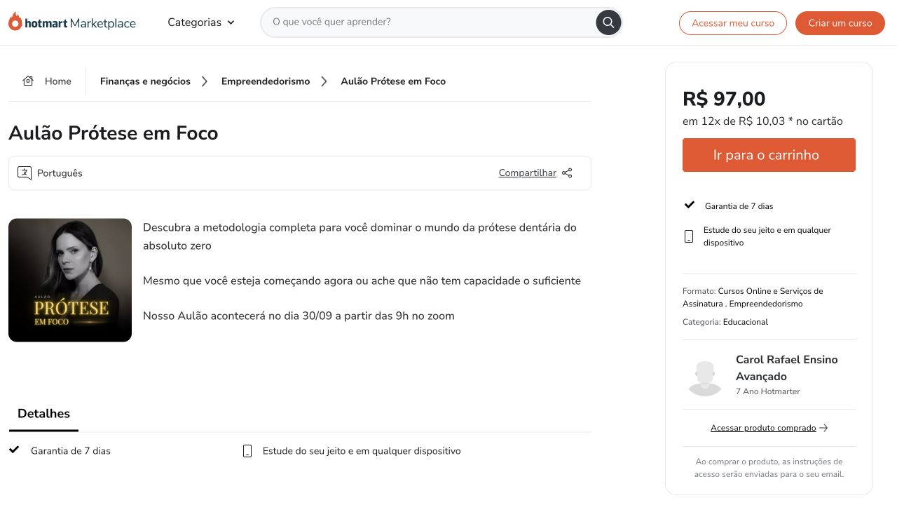 Página do Aulão Prótese em Foco na Hotmart